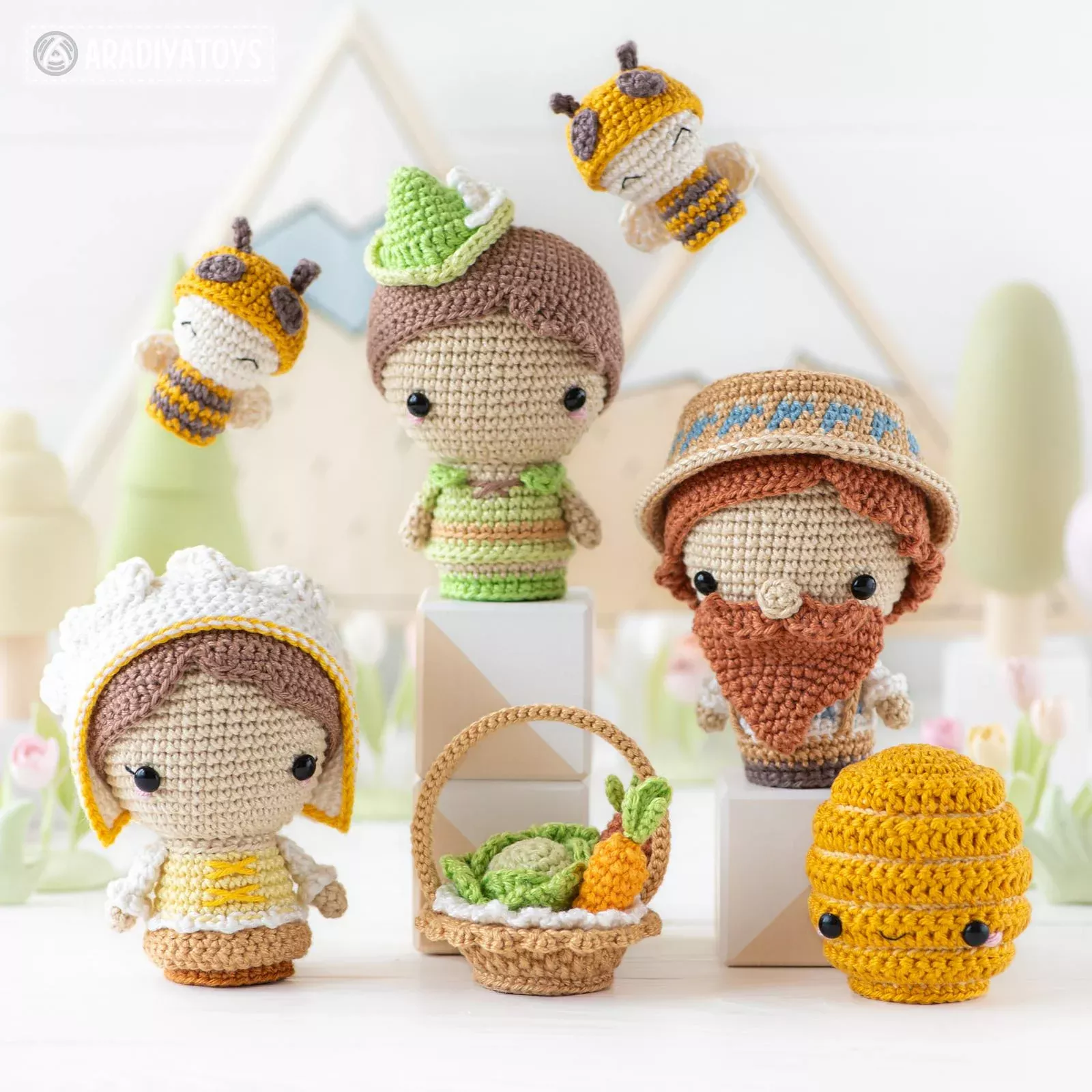 6-in-1 bee farm crochet pattern amigurumi by AradiyaToys mini kingdom beekeeper beehive basket of vegetables DIY handmade tutorial PDF file by AradiyaToys (Olka Novytska)