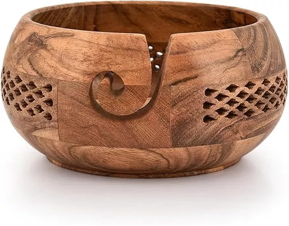 Acacia Wood Yarn Bowl with Cutout Design